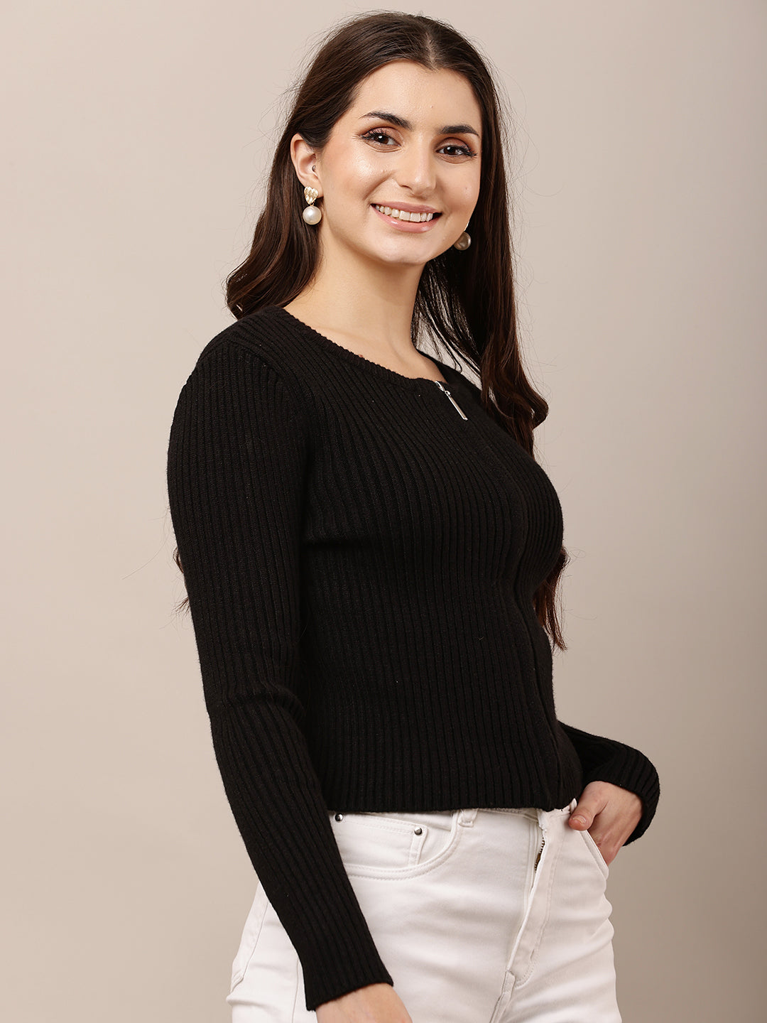 Acrylic Full Sleeve with Round Neck Ribbed Black sweater