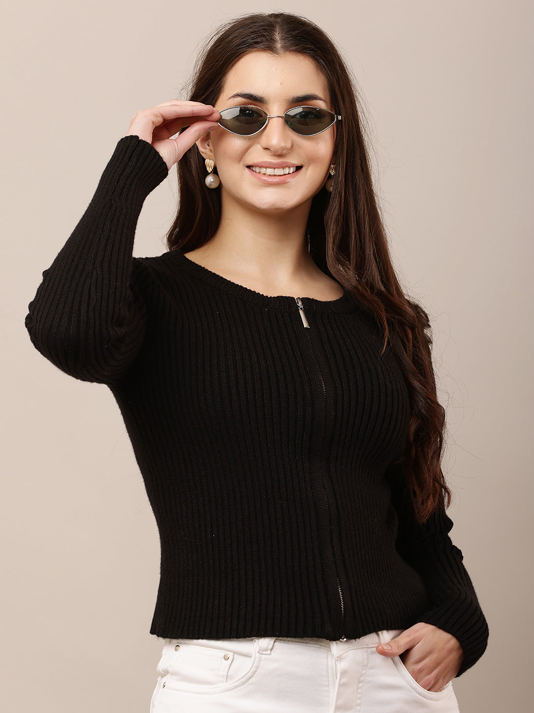 Acrylic Full Sleeve with Round Neck Ribbed Black sweater