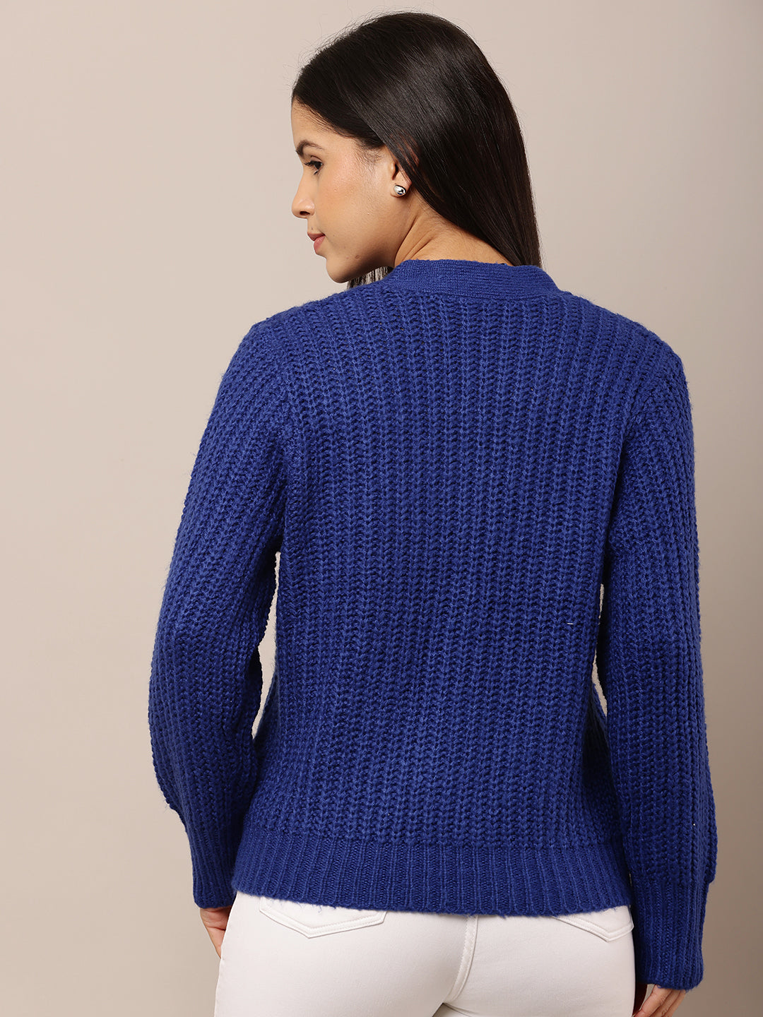 Acrylic Full Sleeve V-neck Front button closure Blue Cardigan