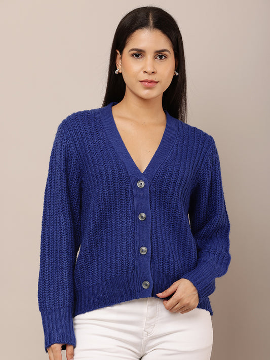 Acrylic Full Sleeve V-neck Front button closure Blue Cardigan