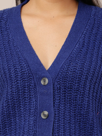 Acrylic Full Sleeve V-neck Front button closure Blue Cardigan