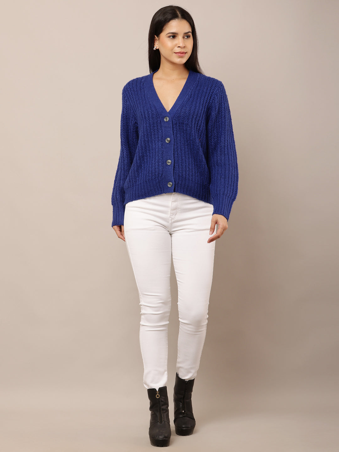 Acrylic Full Sleeve V-neck Front button closure Blue Cardigan