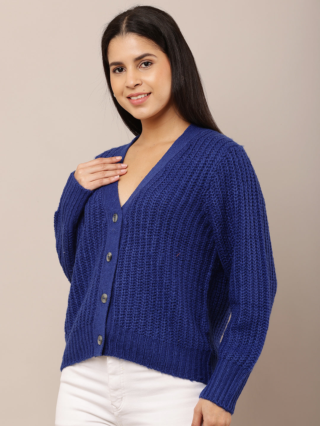 Acrylic Full Sleeve V-neck Front button closure Blue Cardigan