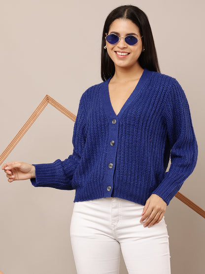 Acrylic Full Sleeve V-neck Front button closure Blue Cardigan