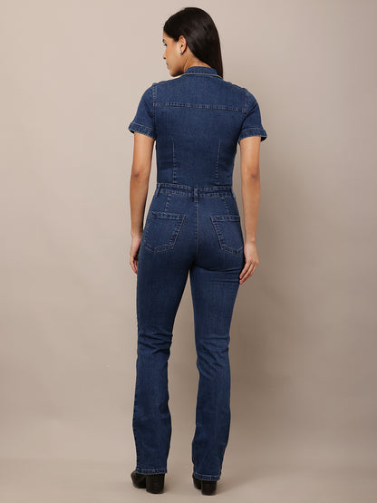 Cotton Denim front Zipper Shirt Collar Dark Blue Jumpsuit