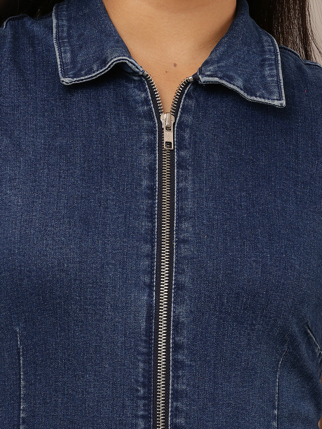 Cotton Denim front Zipper Shirt Collar Dark Blue Jumpsuit