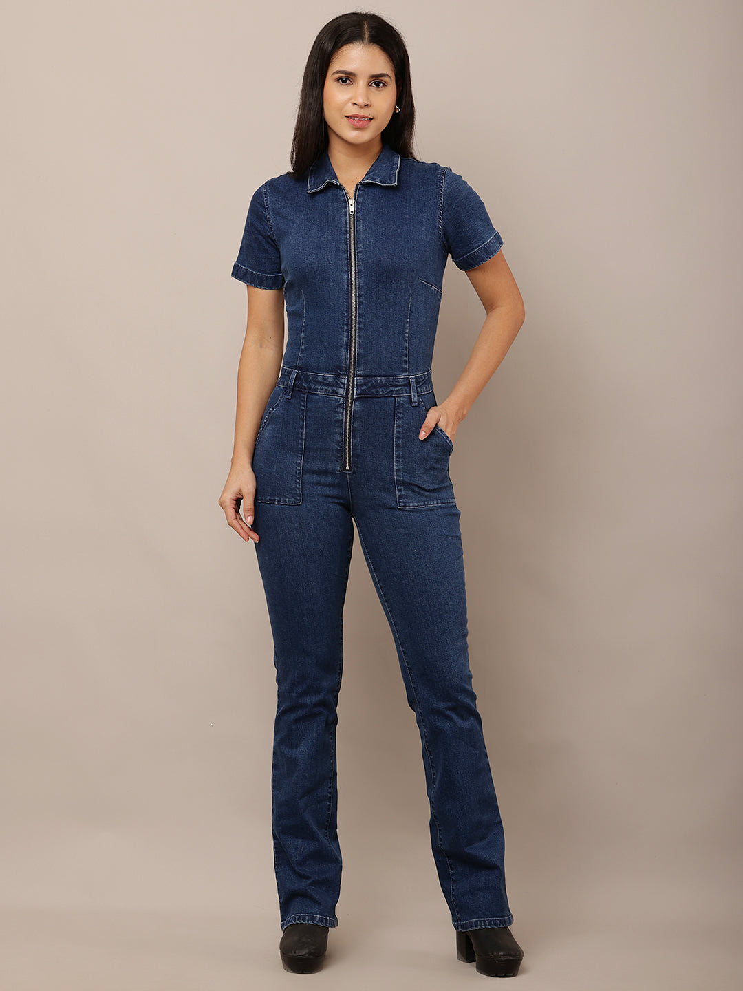 Cotton Denim front Zipper Shirt Collar Dark Blue Jumpsuit