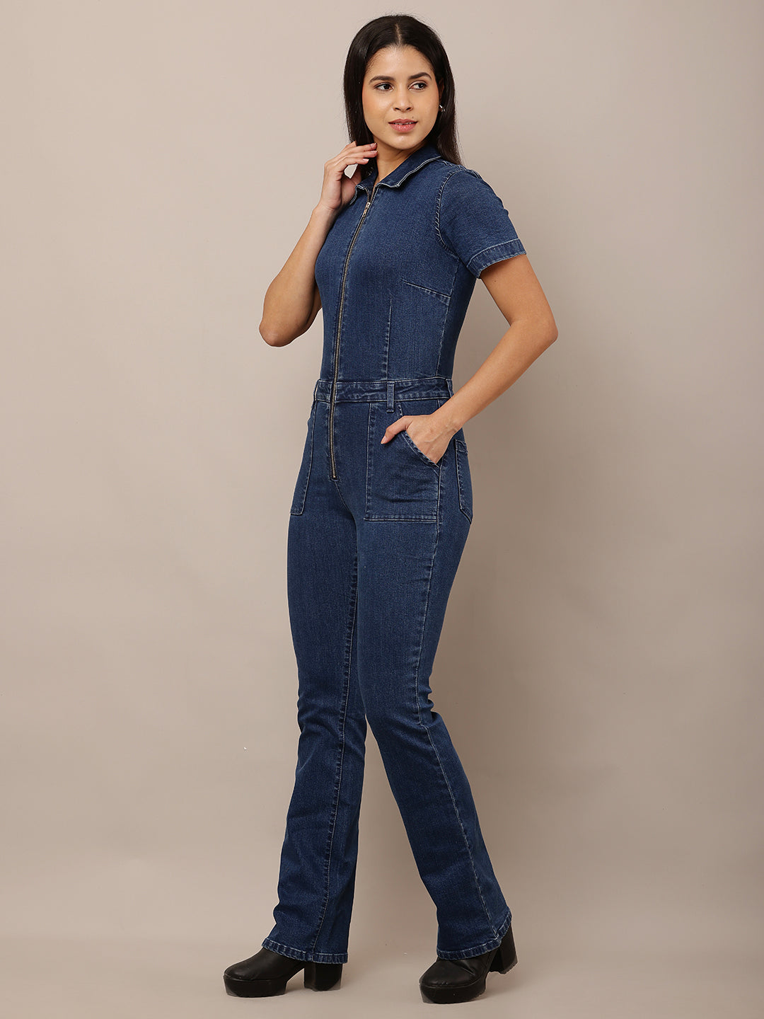 Cotton Denim front Zipper Shirt Collar Dark Blue Jumpsuit