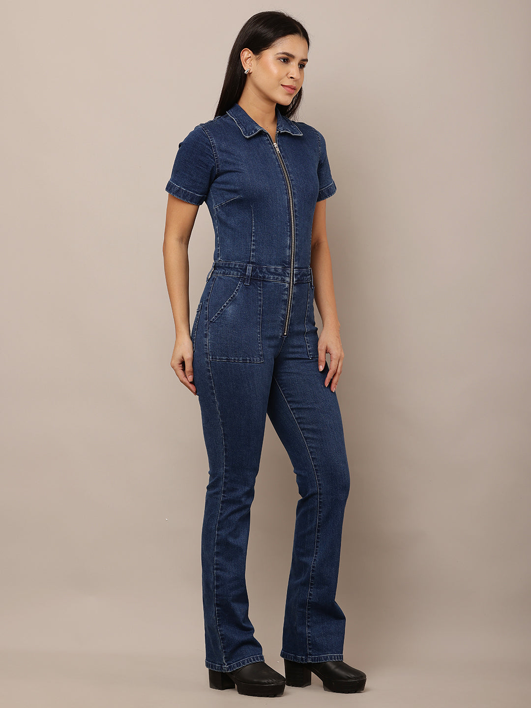 Cotton Denim front Zipper Shirt Collar Dark Blue Jumpsuit