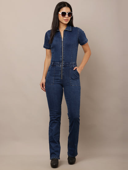 Cotton Denim front Zipper Shirt Collar Dark Blue Jumpsuit