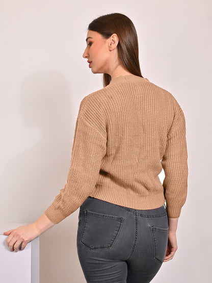 Acrylic Full Sleeve with V-Neck Short Ribbed Beige cardigan