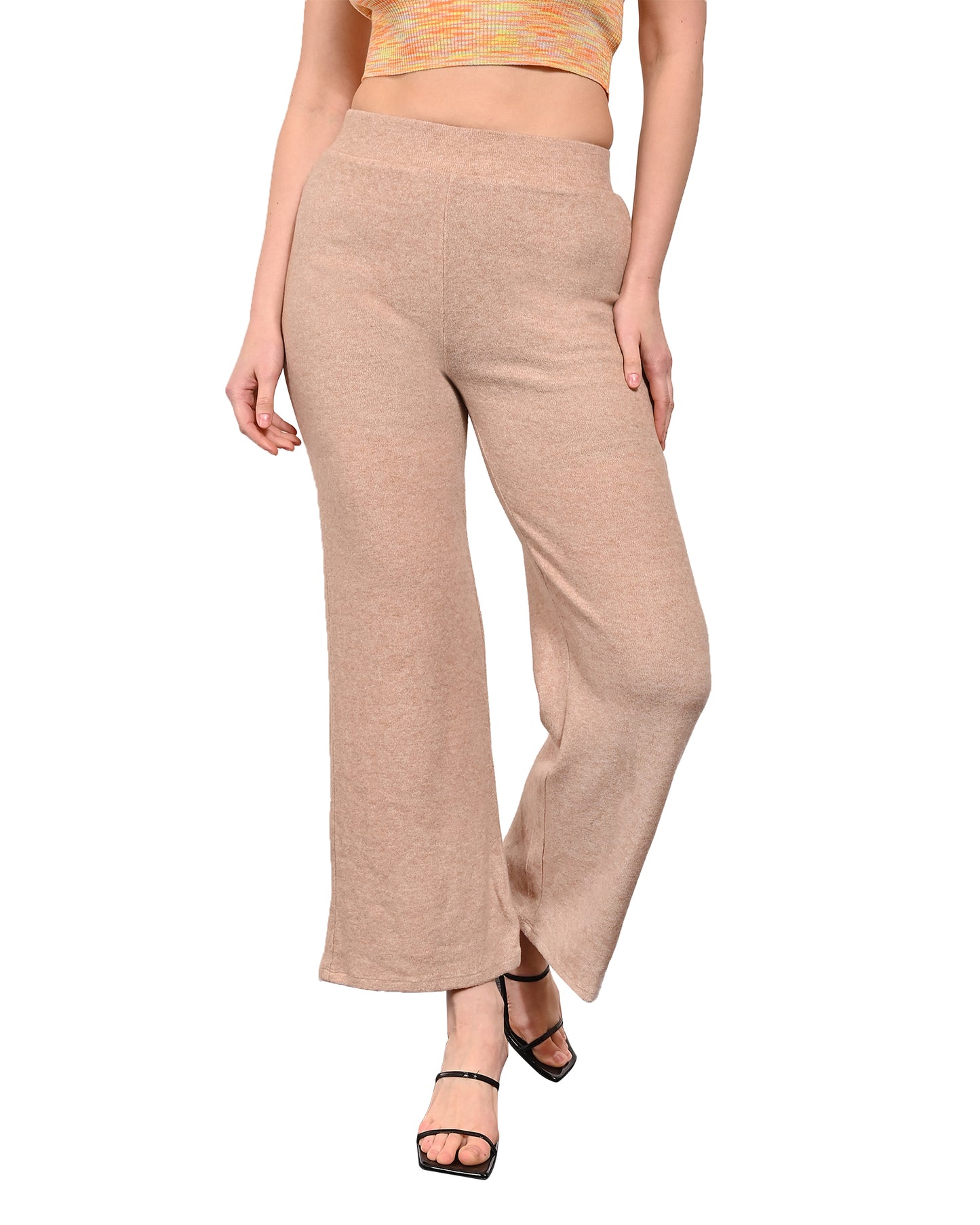 High-waist Solid Fleece Warm Flared Beige Trouser