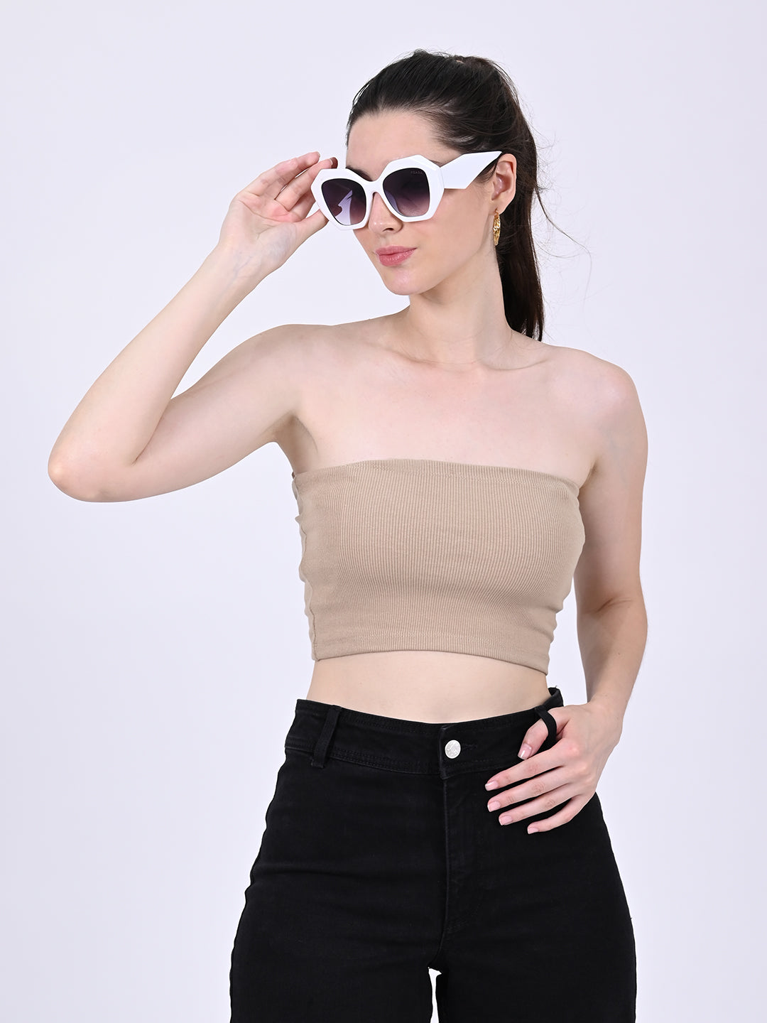 Ribbed Beige Tube Top in Viscose Cotton with Off-Shoulder Stretch