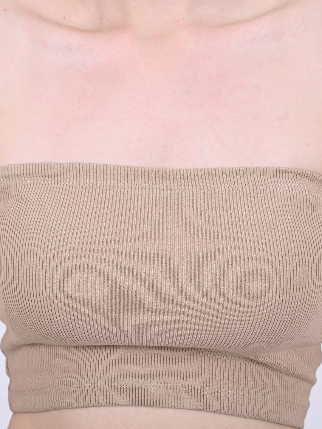 Ribbed Beige Tube Top in Viscose Cotton with Off-Shoulder Stretch