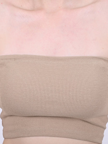 Ribbed Beige Tube Top in Viscose Cotton with Off-Shoulder Stretch