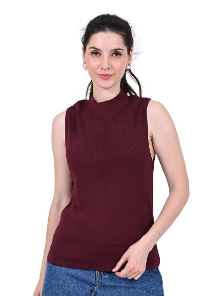 Viscose Sleeveless with Turtle Neck Ribbed Maximum Stretchable Wine Top