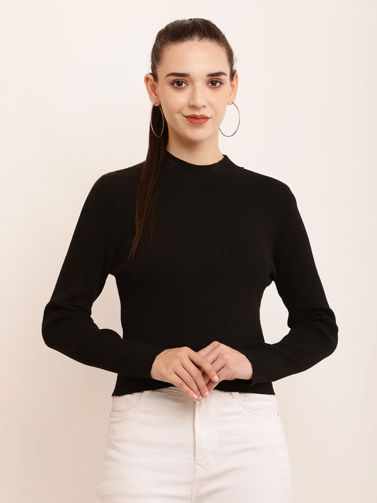 Polyester Crew Neck with Full Sleeve Ribbed Black Top