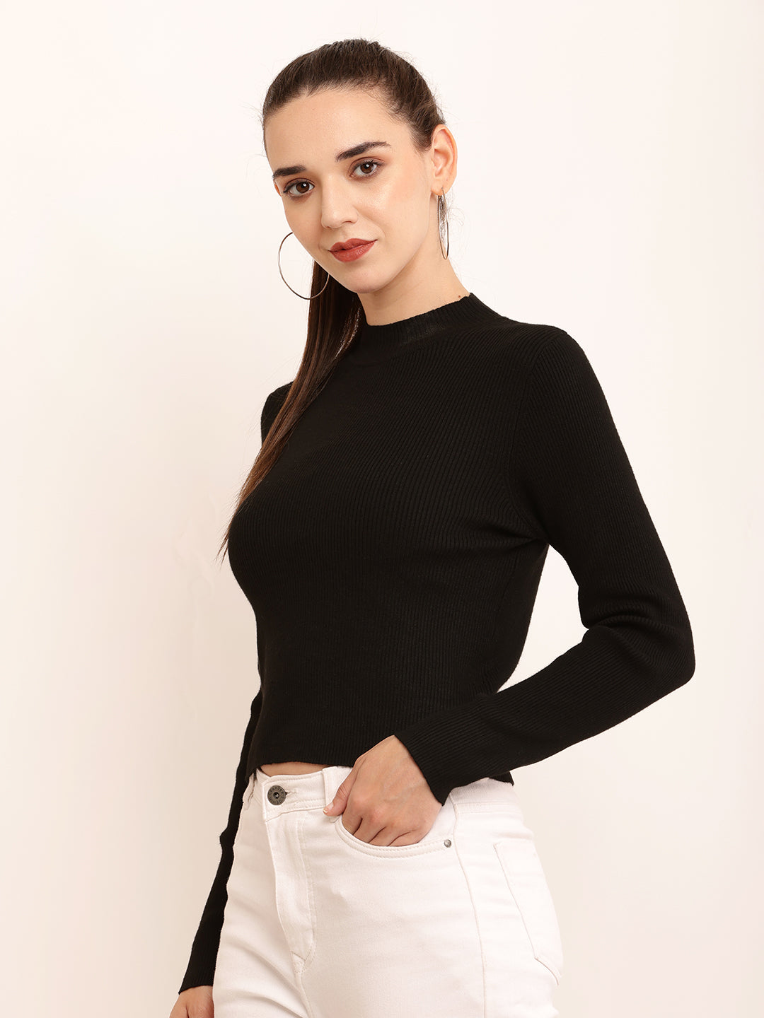 Polyester Crew Neck with Full Sleeve Ribbed Black Top