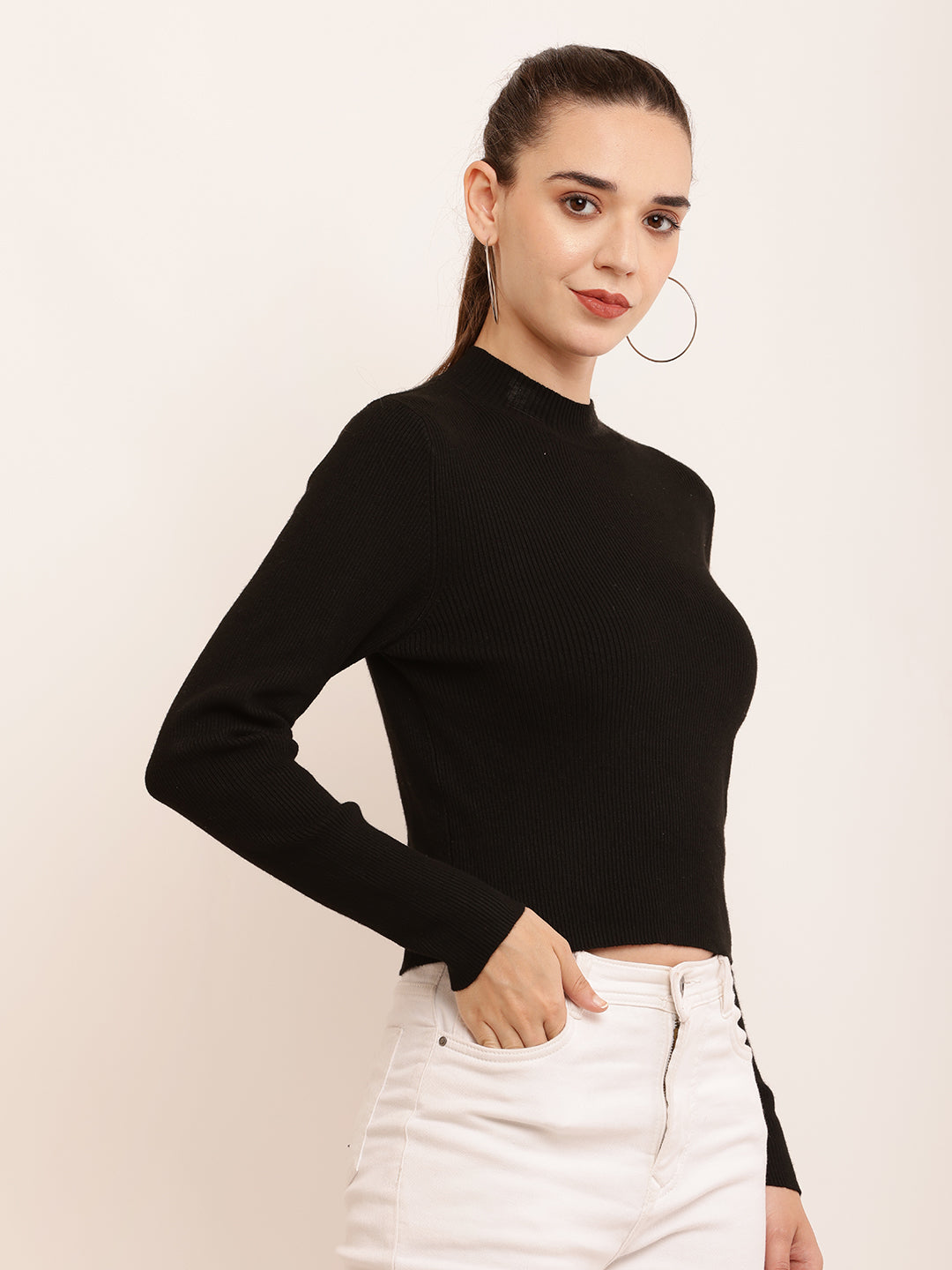 Polyester Crew Neck with Full Sleeve Ribbed Black Top