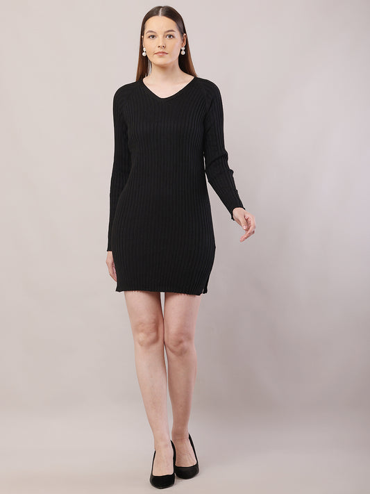 Polyester V-Neck with Full Sleeve Mini Black Sheath Dress