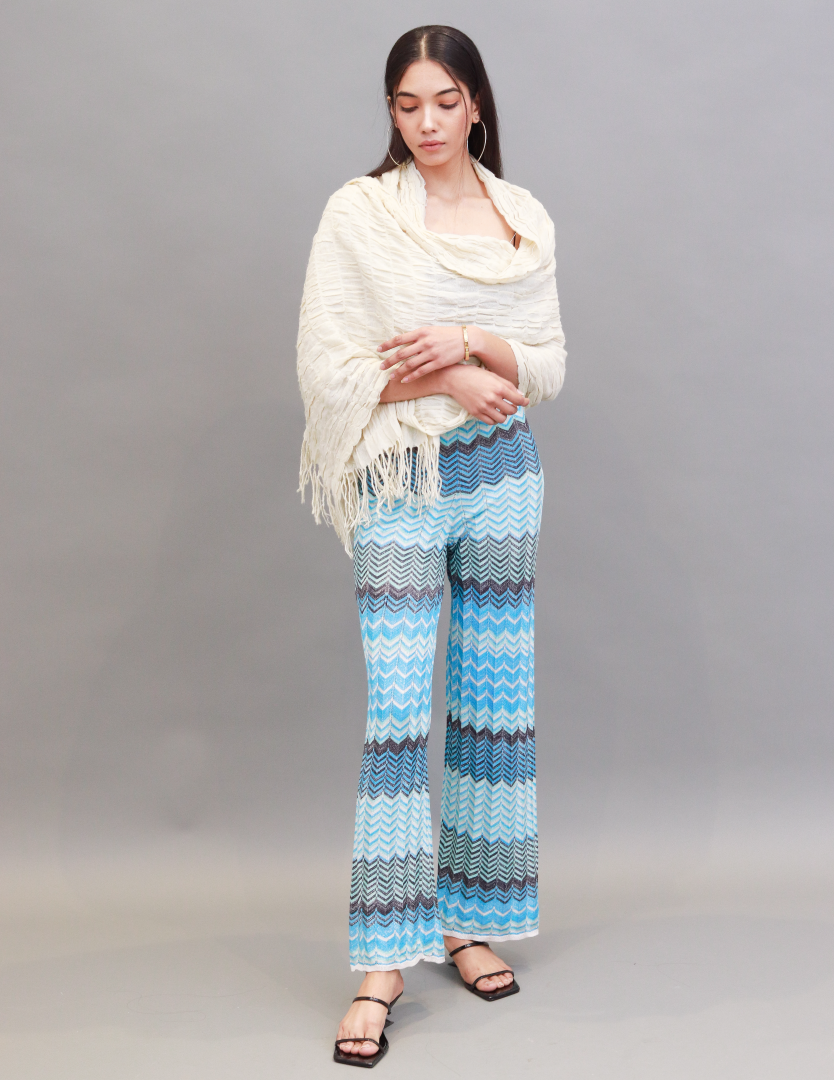 Viscose Elasticated Waistband Zigzag Print Straight Leg Blue Trousers