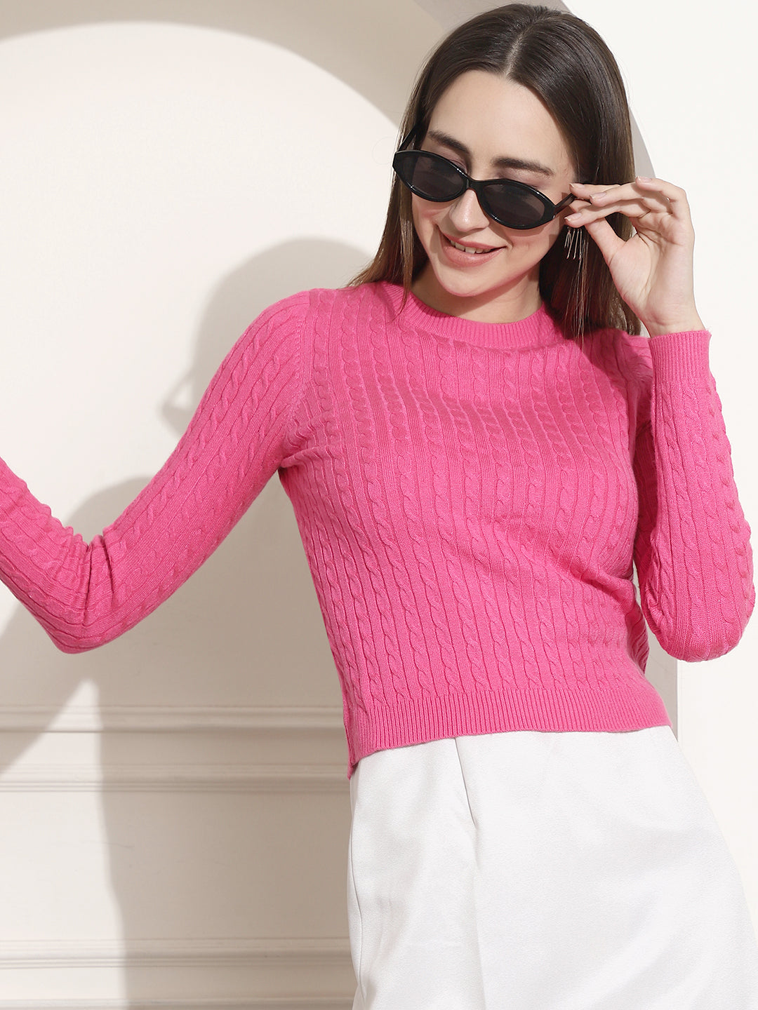 Round Neck Kable Knit Pink Sweater