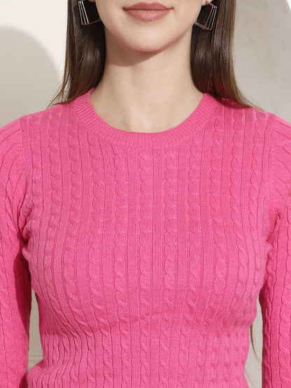 Round Neck Kable Knit Pink Sweater