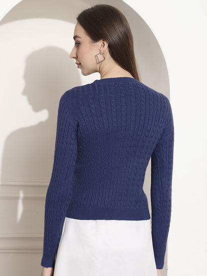 Round Neck Kable Knit Blue Sweater