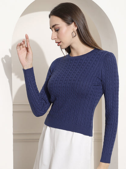 Round Neck Kable Knit Blue Sweater