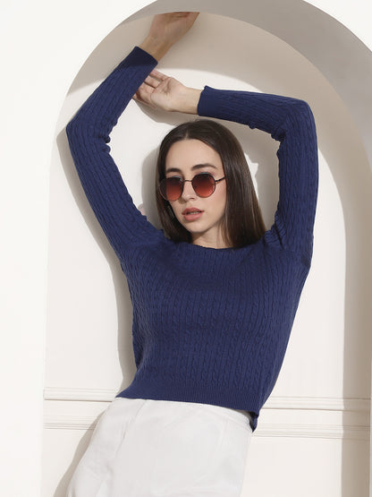 Round Neck Kable Knit Blue Sweater