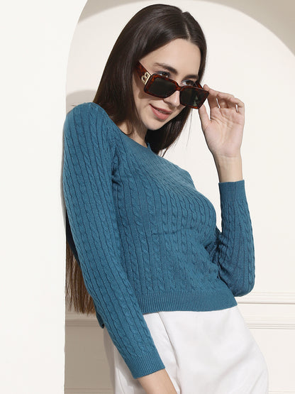 Round Neck Kable Knit Dark Blue Sweater