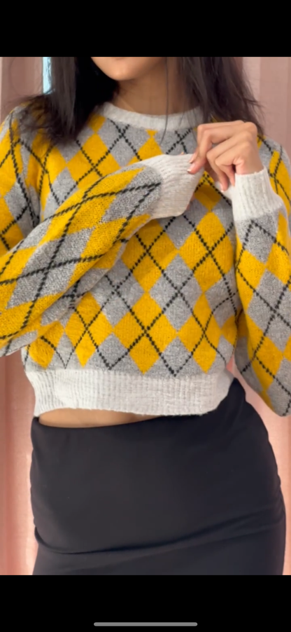 Acrylic Full Sleeve Geometric Yellow Sweater